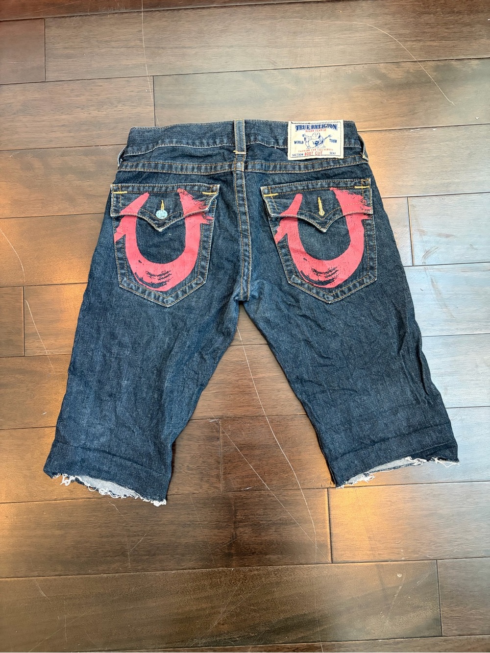 True Religion Dark Blue Denim Jean Shorts with Red Back Pocket Horseshoe